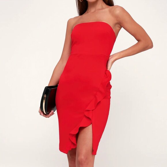 Anika Red Ruffled Strapless Bodycon Dress - Picture 1 of 4